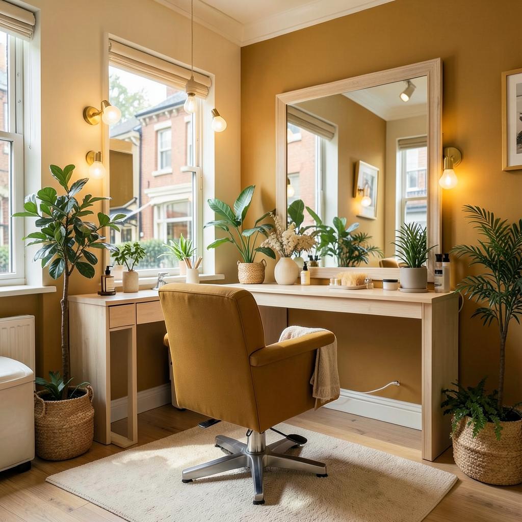 Private salon suite in Clayton County, Georgia with a styling chair, lit mirror and warm mustard decor