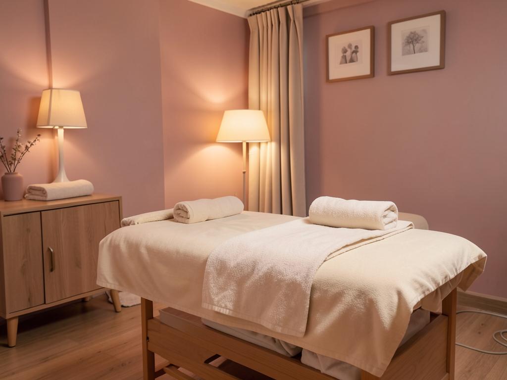 Quiet massage therapy suite with treatment table in Clayton County, Georgia